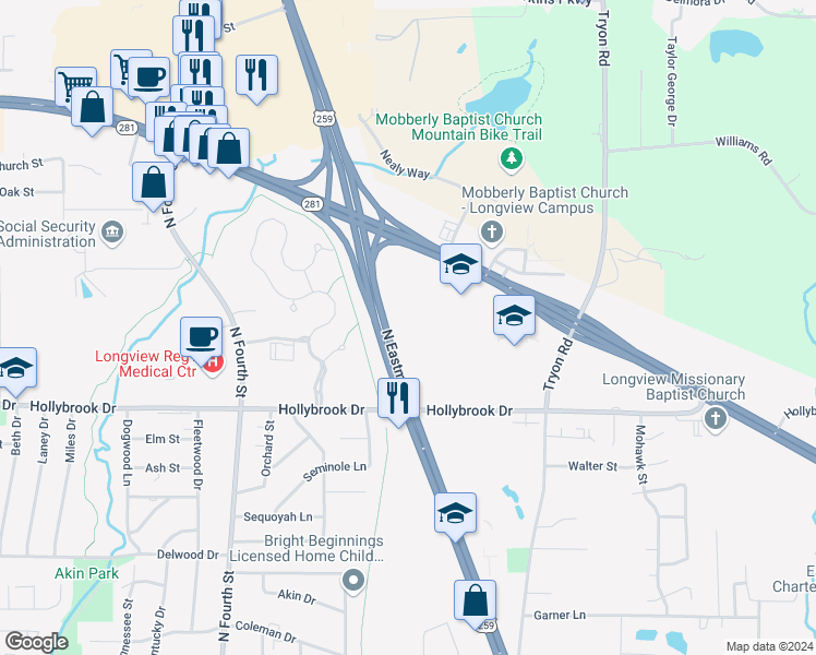 map of restaurants, bars, coffee shops, grocery stores, and more near 2920 North Eastman Road in Longview