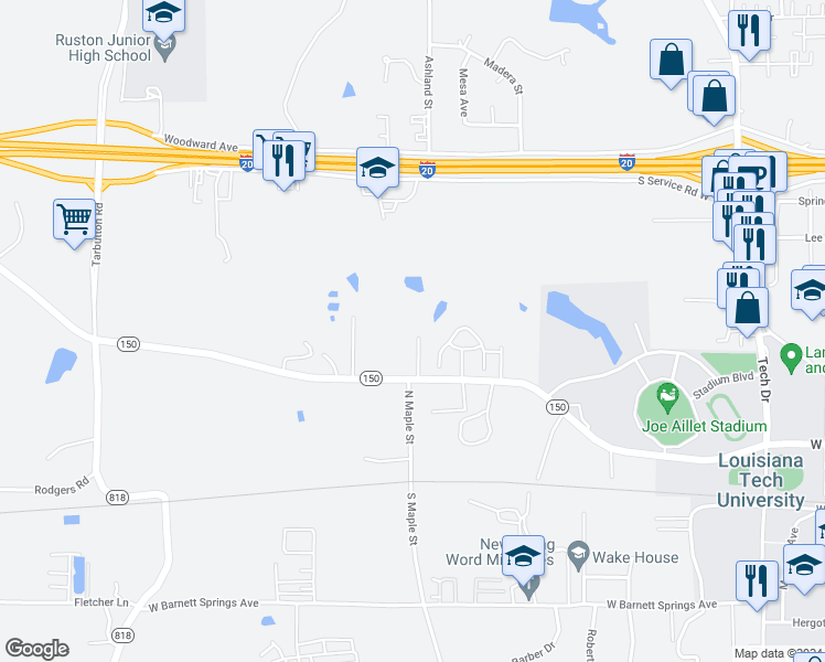 map of restaurants, bars, coffee shops, grocery stores, and more near 503 Kennon Lane in Ruston