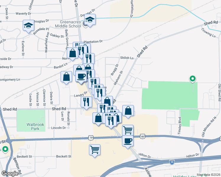 map of restaurants, bars, coffee shops, grocery stores, and more near 3009 Malvern Street in Bossier City