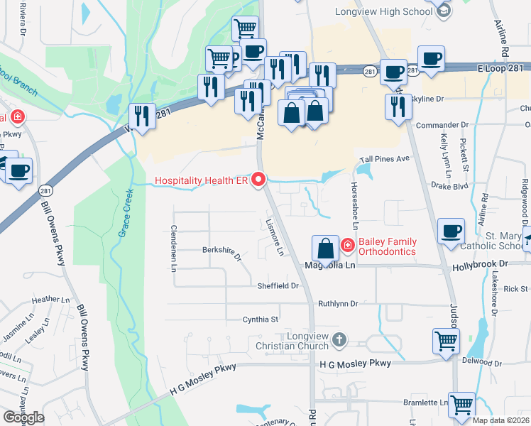 map of restaurants, bars, coffee shops, grocery stores, and more near 3100 McCann Road in Longview