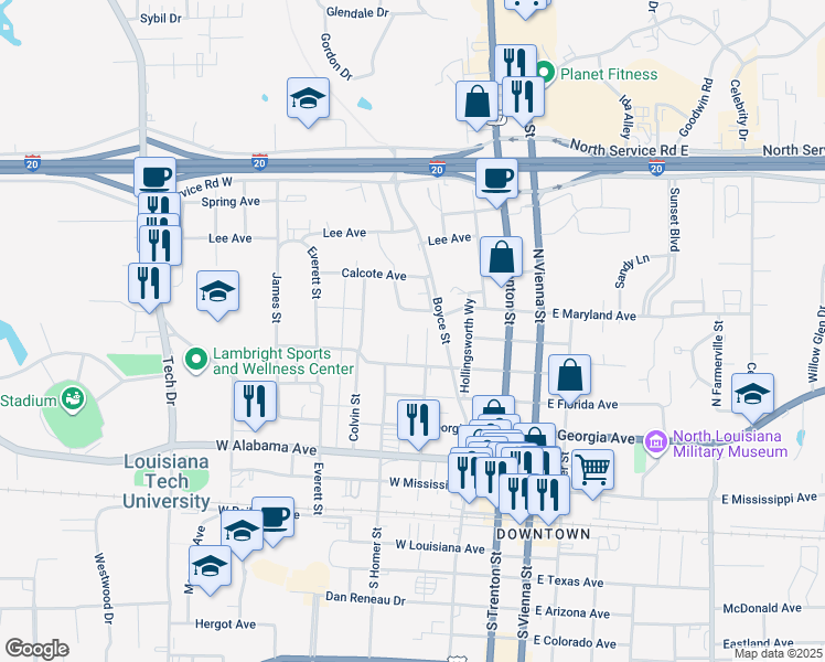 map of restaurants, bars, coffee shops, grocery stores, and more near 613 Evans Street in Ruston