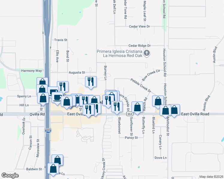 map of restaurants, bars, coffee shops, grocery stores, and more near 114 Sunglow Loop in Red Oak