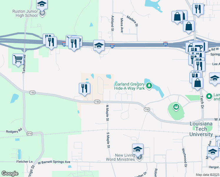 map of restaurants, bars, coffee shops, grocery stores, and more near 504 Kennon Lane in Ruston