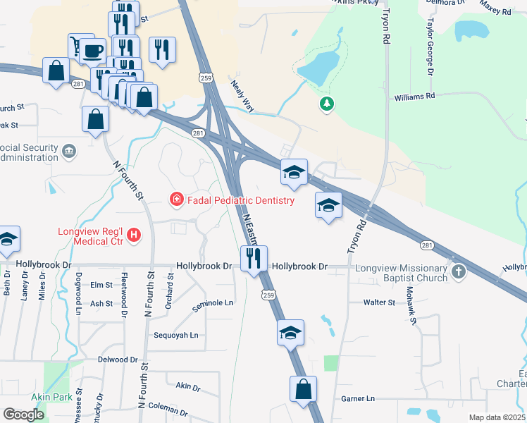map of restaurants, bars, coffee shops, grocery stores, and more near 2920 North Eastman Road in Longview