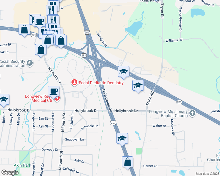 map of restaurants, bars, coffee shops, grocery stores, and more near 2920 North Eastman Road in Longview
