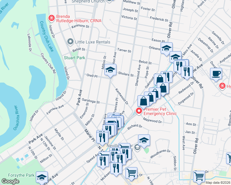 map of restaurants, bars, coffee shops, grocery stores, and more near 1713 Frances Place in Monroe