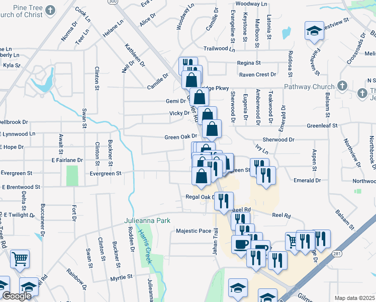 map of restaurants, bars, coffee shops, grocery stores, and more near 138 Briarmeadow Drive in Longview