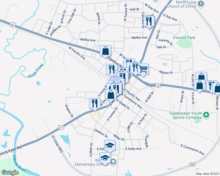 map of restaurants, bars, coffee shops, grocery stores, and more near 301 West Commerce Avenue in Gladewater