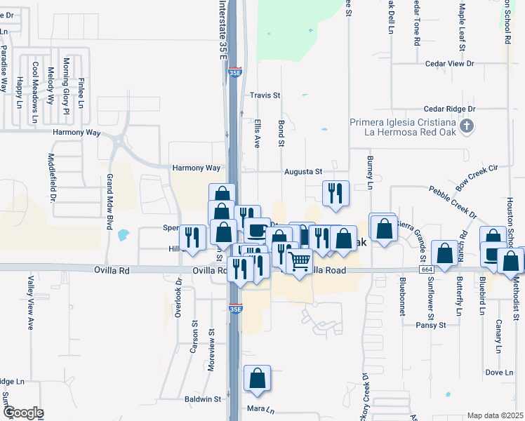 map of restaurants, bars, coffee shops, grocery stores, and more near 101 Reese Drive in Red Oak