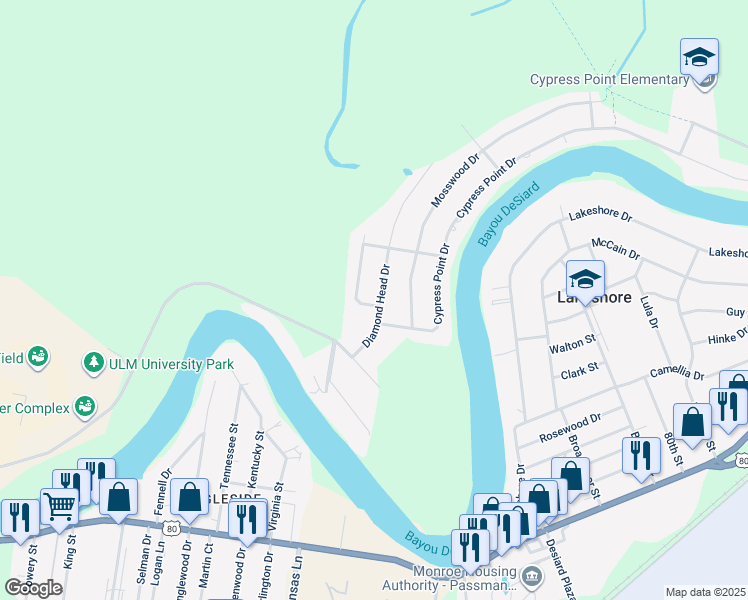 map of restaurants, bars, coffee shops, grocery stores, and more near 6305 Diamond Head Drive in Monroe