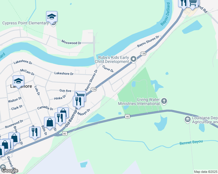 map of restaurants, bars, coffee shops, grocery stores, and more near 204 Curve Dr in Monroe