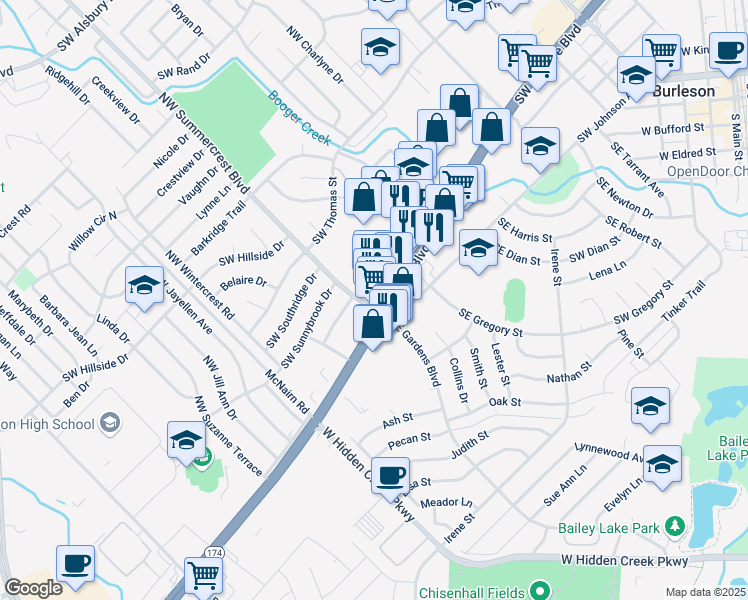 map of restaurants, bars, coffee shops, grocery stores, and more near 680 Southwest Wilshire Boulevard in Burleson