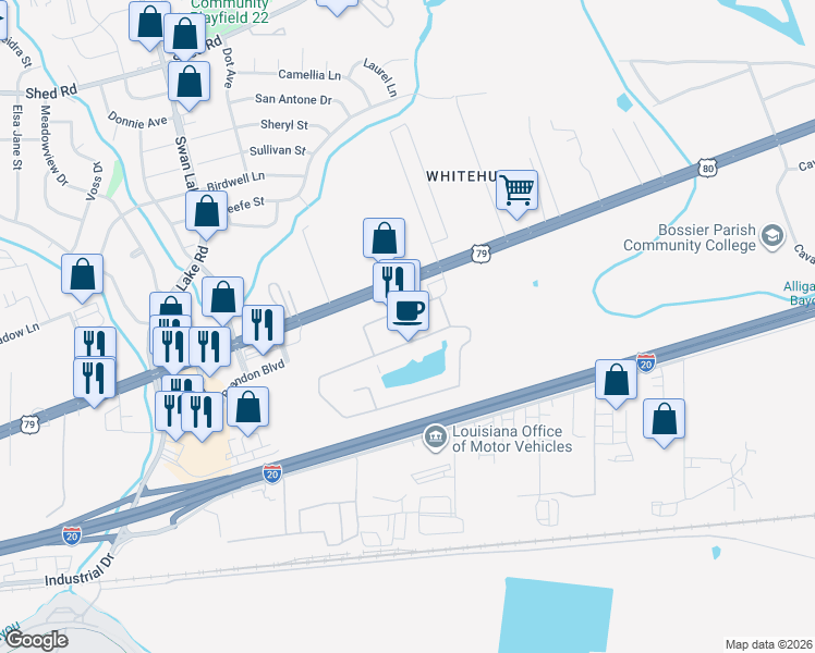map of restaurants, bars, coffee shops, grocery stores, and more near 2101 Villaggio Boulevard in Bossier City