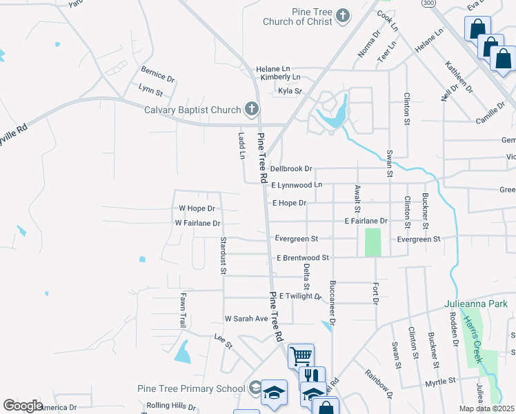 map of restaurants, bars, coffee shops, grocery stores, and more near 100 West Hope Drive in Longview