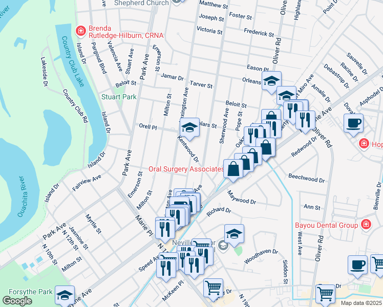 map of restaurants, bars, coffee shops, grocery stores, and more near 2398 Kentwood Street in Monroe