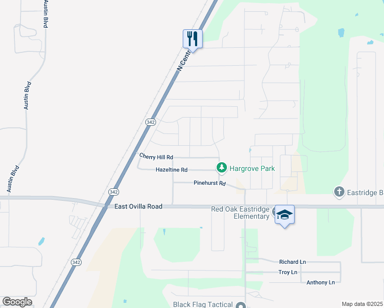 map of restaurants, bars, coffee shops, grocery stores, and more near 614 Cherry Hills Road in Red Oak