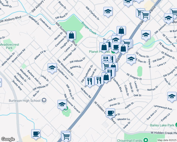 map of restaurants, bars, coffee shops, grocery stores, and more near 724 Southwest Southridge Drive in Burleson