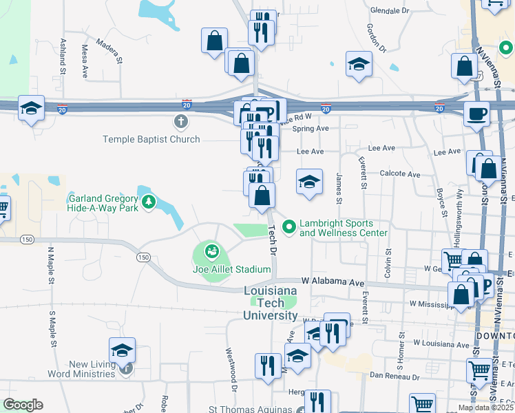 map of restaurants, bars, coffee shops, grocery stores, and more near 975 Tech Drive in Ruston