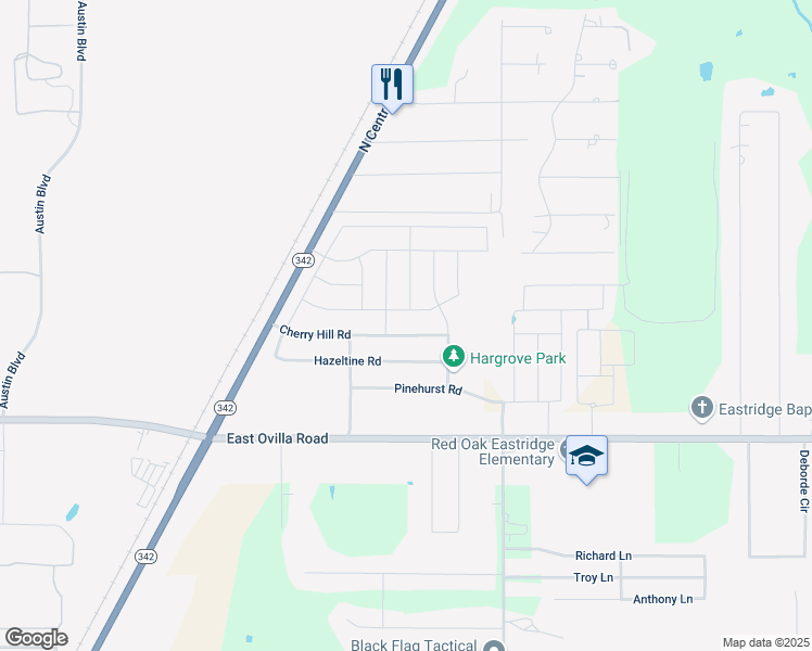map of restaurants, bars, coffee shops, grocery stores, and more near 614 Cherry Hills Road in Red Oak
