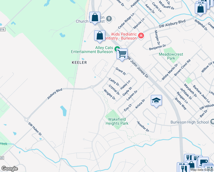 map of restaurants, bars, coffee shops, grocery stores, and more near 837 Crystal Dr in Burleson