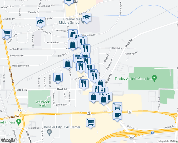 map of restaurants, bars, coffee shops, grocery stores, and more near 2122 Airline Drive in Bossier City