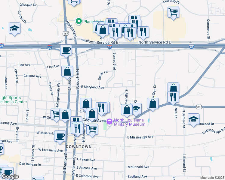 map of restaurants, bars, coffee shops, grocery stores, and more near 500 East Maryland Avenue in Ruston