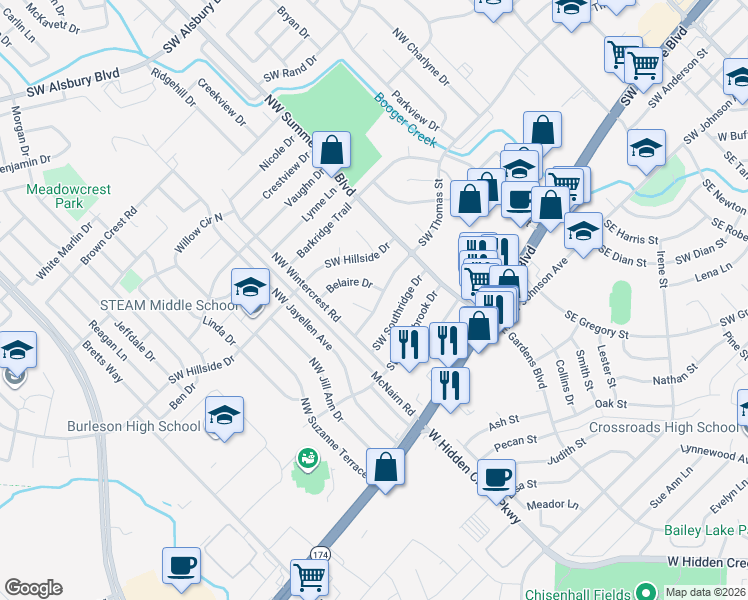 map of restaurants, bars, coffee shops, grocery stores, and more near 808 Southwest Sundown Trail in Burleson