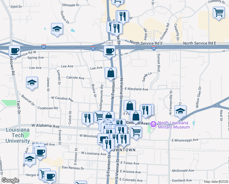 map of restaurants, bars, coffee shops, grocery stores, and more near 706 North Trenton Street in Ruston