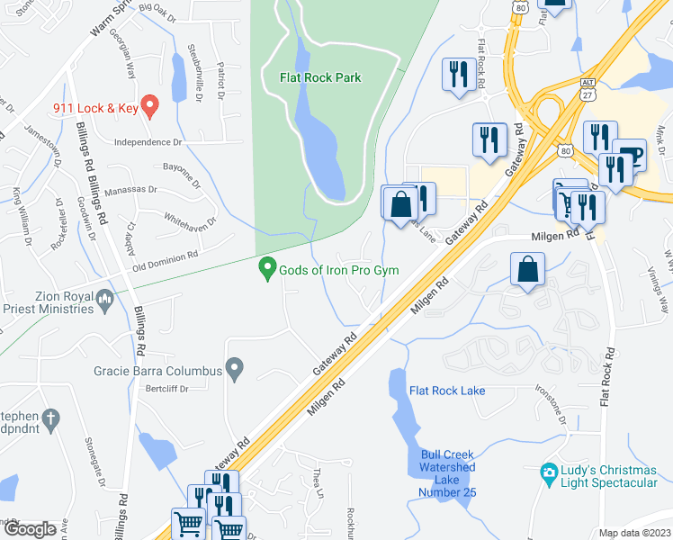 map of restaurants, bars, coffee shops, grocery stores, and more near 6173 Trestlewood Drive in Columbus
