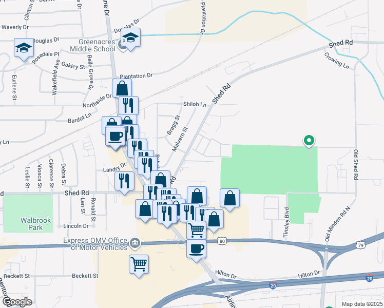 map of restaurants, bars, coffee shops, grocery stores, and more near 3010 Shed Road in Bossier City