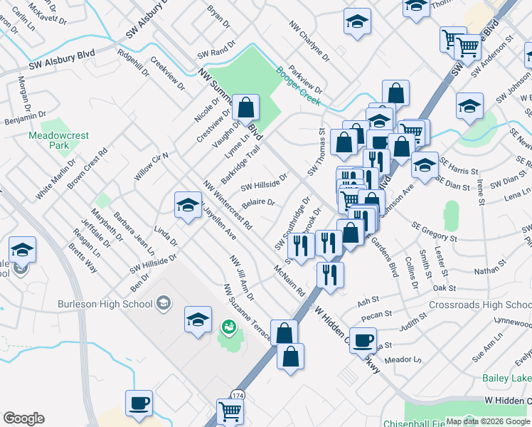 map of restaurants, bars, coffee shops, grocery stores, and more near 808 Southwest Sundown Trail in Burleson