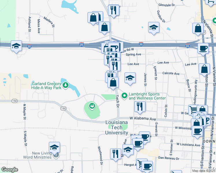 map of restaurants, bars, coffee shops, grocery stores, and more near 975 Tech Drive in Ruston