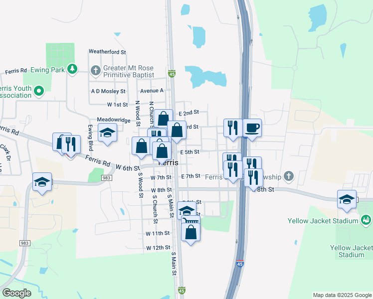 map of restaurants, bars, coffee shops, grocery stores, and more near 100 North Central Street in Ferris