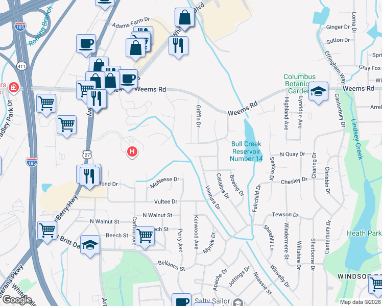 map of restaurants, bars, coffee shops, grocery stores, and more near 3101 Waco Street in Columbus