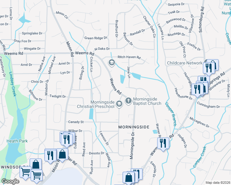 map of restaurants, bars, coffee shops, grocery stores, and more near 4454 Weems Road in Columbus