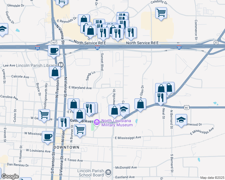map of restaurants, bars, coffee shops, grocery stores, and more near 514 East Maryland Avenue in Ruston