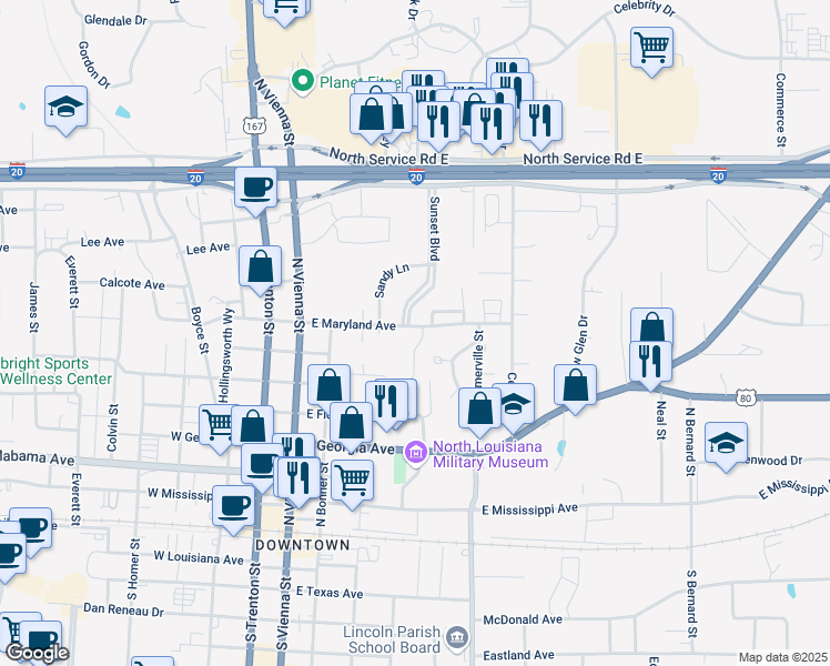 map of restaurants, bars, coffee shops, grocery stores, and more near 460 East Maryland Avenue in Ruston
