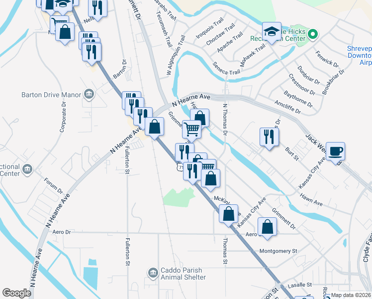 map of restaurants, bars, coffee shops, grocery stores, and more near 149 Freestate Boulevard in Shreveport