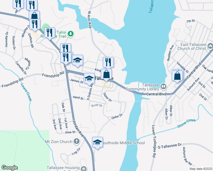 map of restaurants, bars, coffee shops, grocery stores, and more near 15 South Ann Avenue in Tallassee