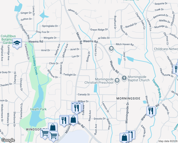 map of restaurants, bars, coffee shops, grocery stores, and more near 4214 Cheshire Bridge Road in Columbus