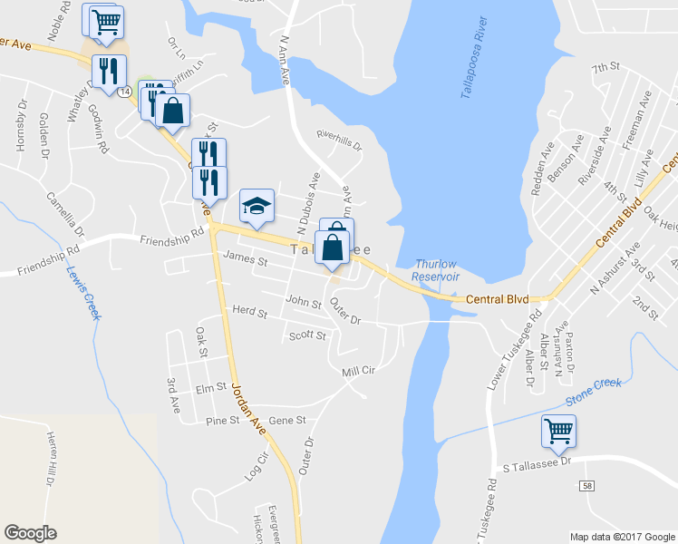 map of restaurants, bars, coffee shops, grocery stores, and more near 15 South Ann Avenue in Tallassee