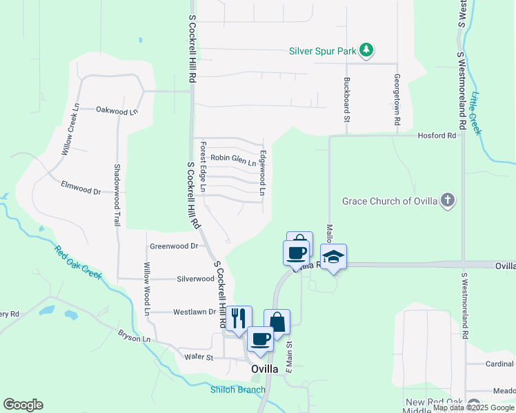 map of restaurants, bars, coffee shops, grocery stores, and more near 114 Ashburne Glen Lane in Red Oak