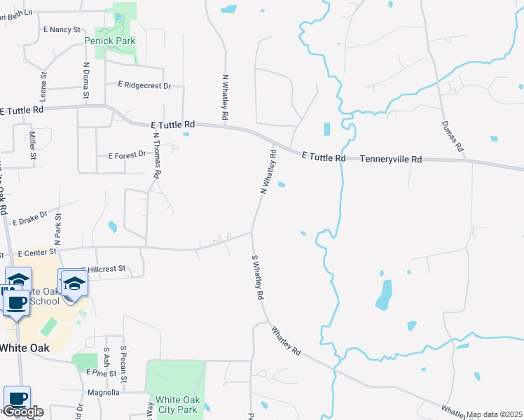 map of restaurants, bars, coffee shops, grocery stores, and more near 202 N Whatley Rd in White Oak