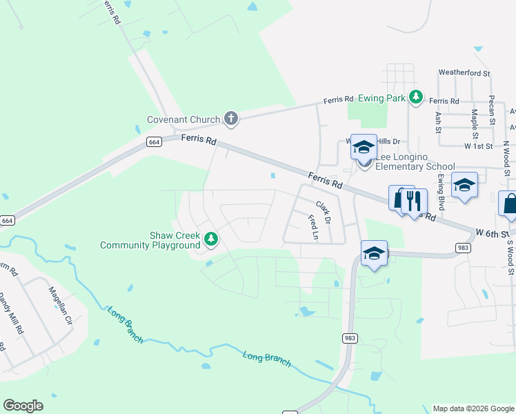 map of restaurants, bars, coffee shops, grocery stores, and more near 832 Mallorie Lane in Ferris