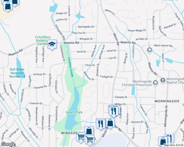 map of restaurants, bars, coffee shops, grocery stores, and more near 3912 Council Court in Columbus