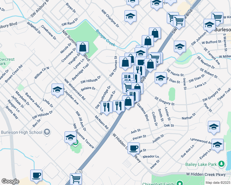 map of restaurants, bars, coffee shops, grocery stores, and more near 705 Southwest Sunnybrook Drive in Burleson