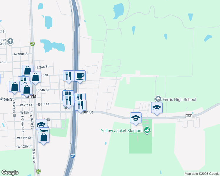 map of restaurants, bars, coffee shops, grocery stores, and more near 298 Ford Way in Ferris