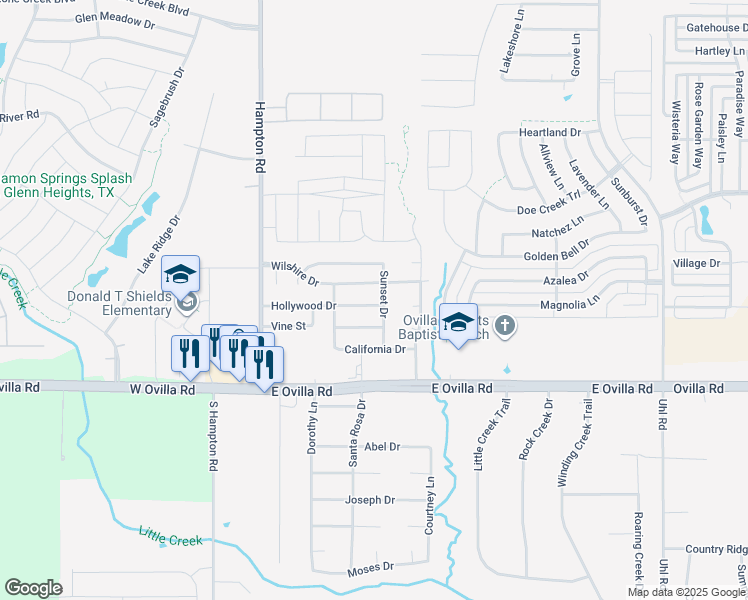 map of restaurants, bars, coffee shops, grocery stores, and more near 225 Hollywood Drive in Glenn Heights