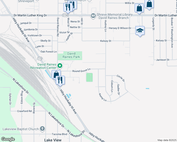 map of restaurants, bars, coffee shops, grocery stores, and more near 2867 Round Grove Lane in Shreveport
