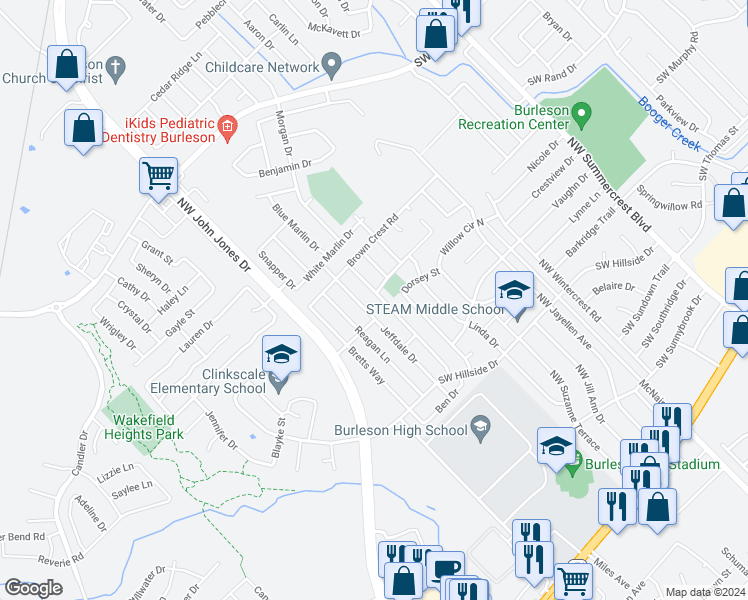 map of restaurants, bars, coffee shops, grocery stores, and more near 557 Marybeth Drive in Burleson